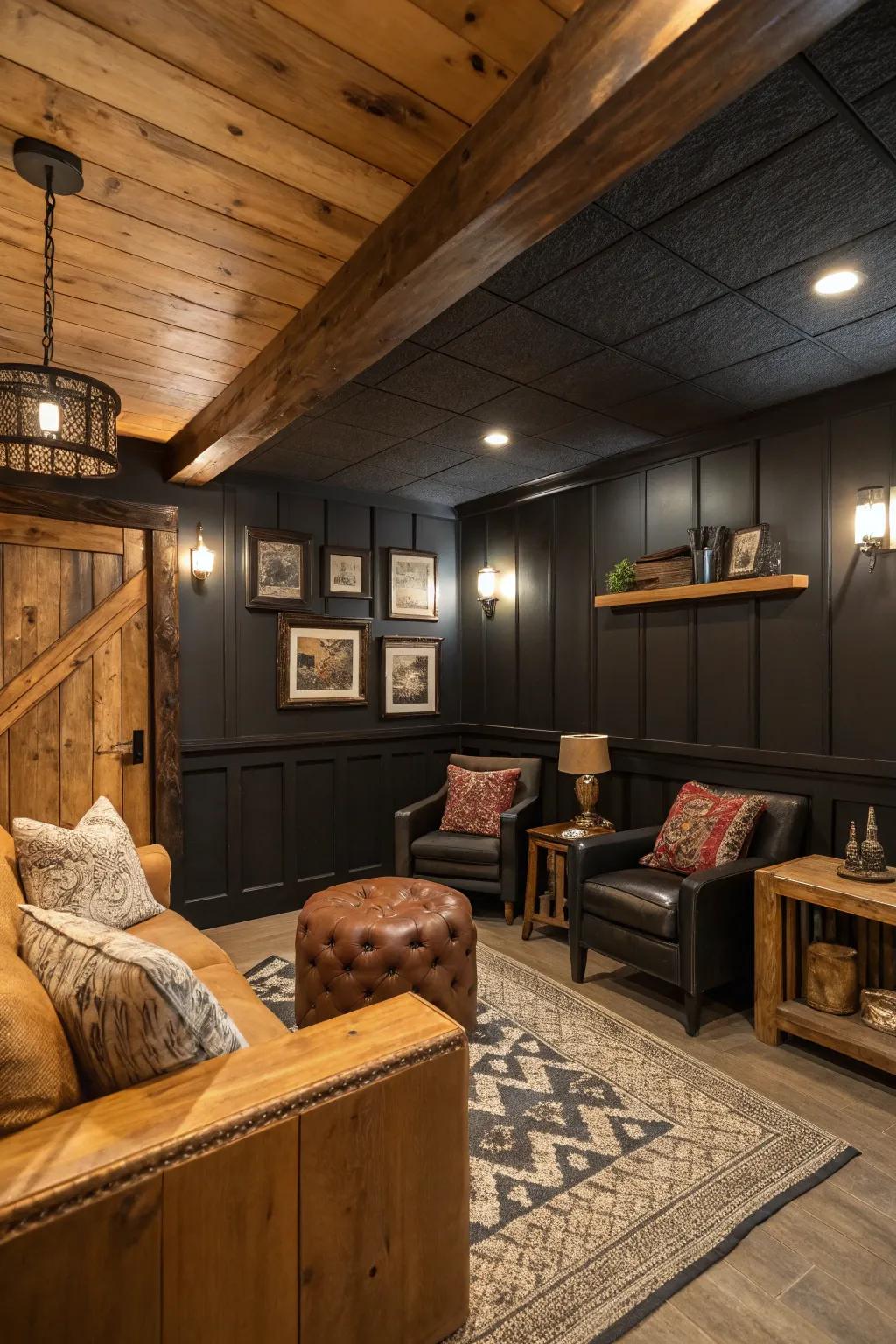 Rustic den with a modern touch of black wainscoting.