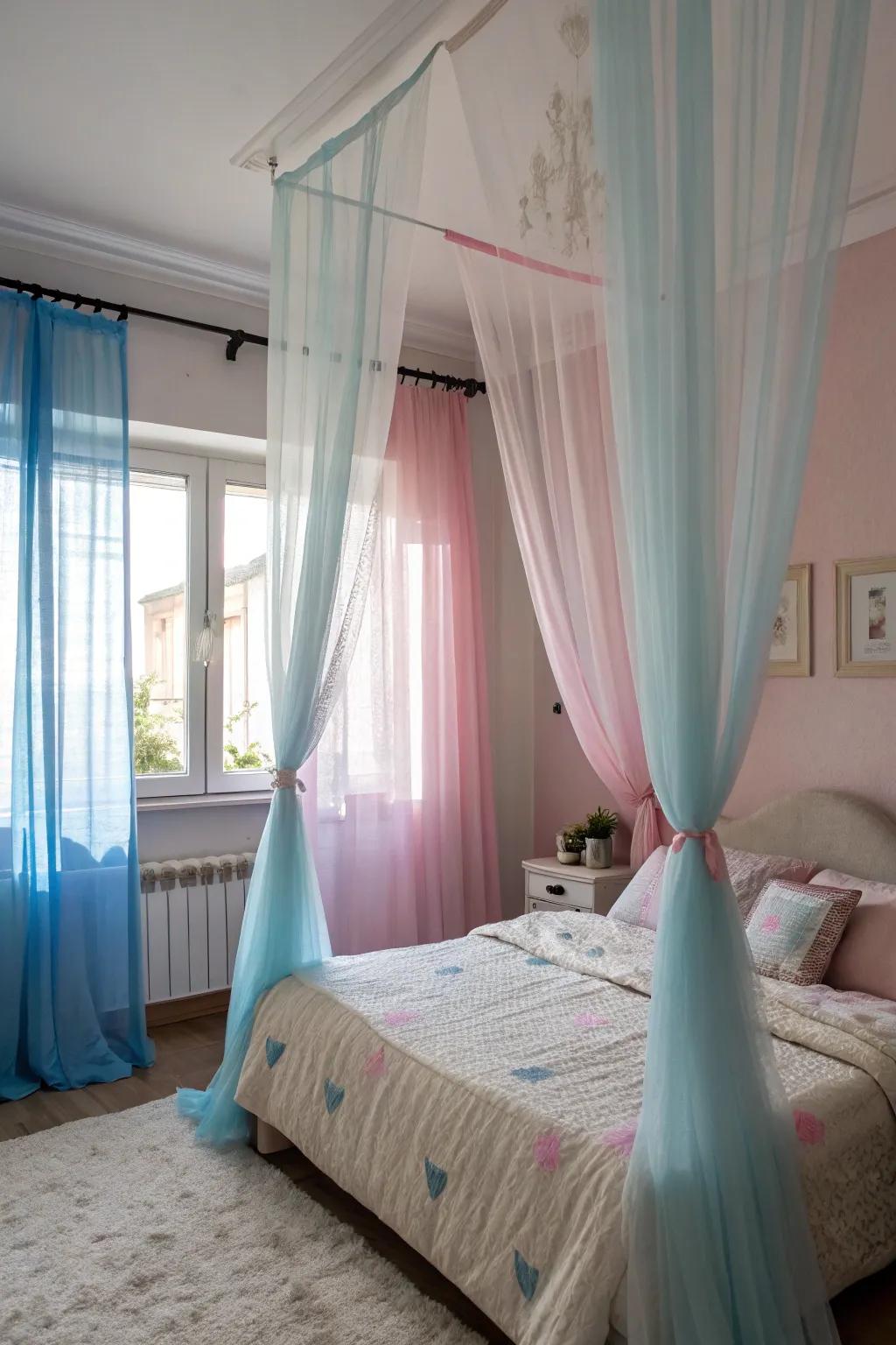 Sheer curtains add softness and allow light to enhance the room.