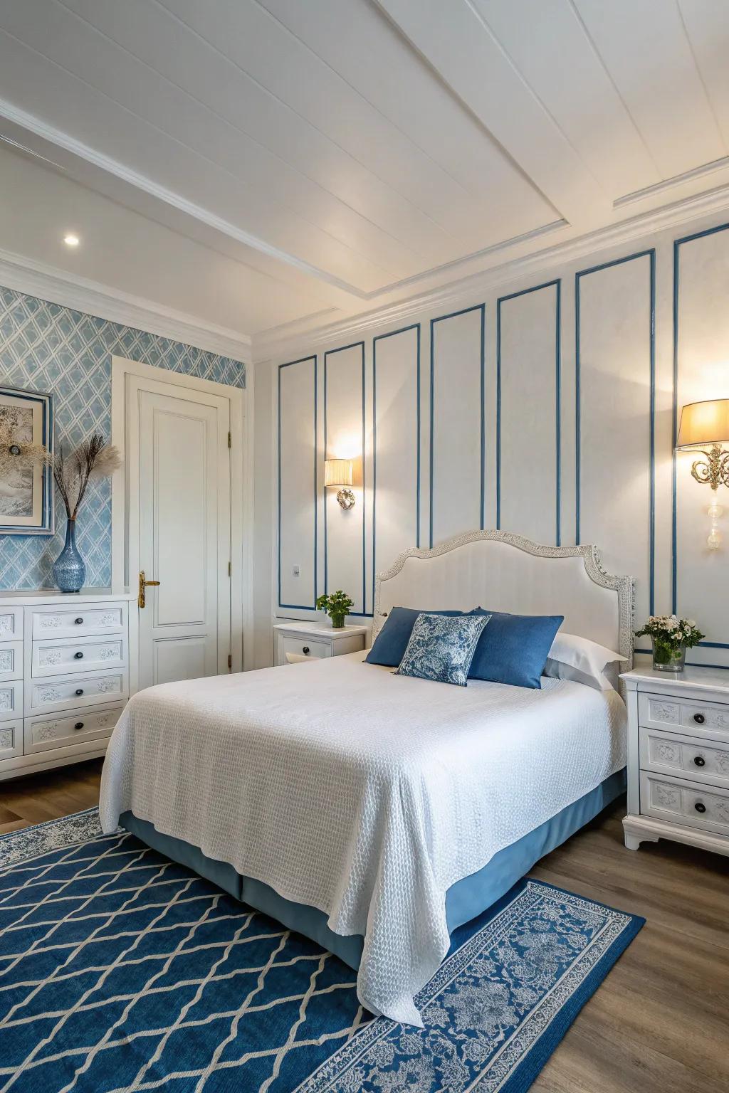 Accent lighting adds elegance and highlights the features of a blue and white bedroom.