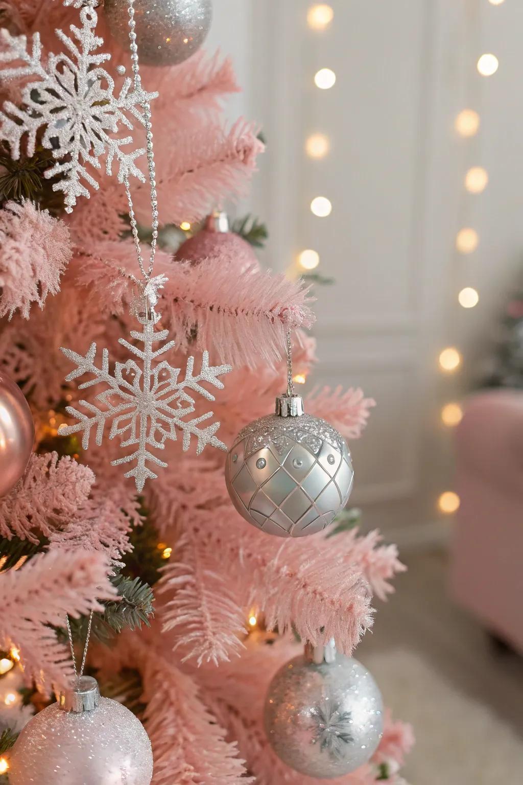 Silver snowflakes create a whimsical, wintry feel.