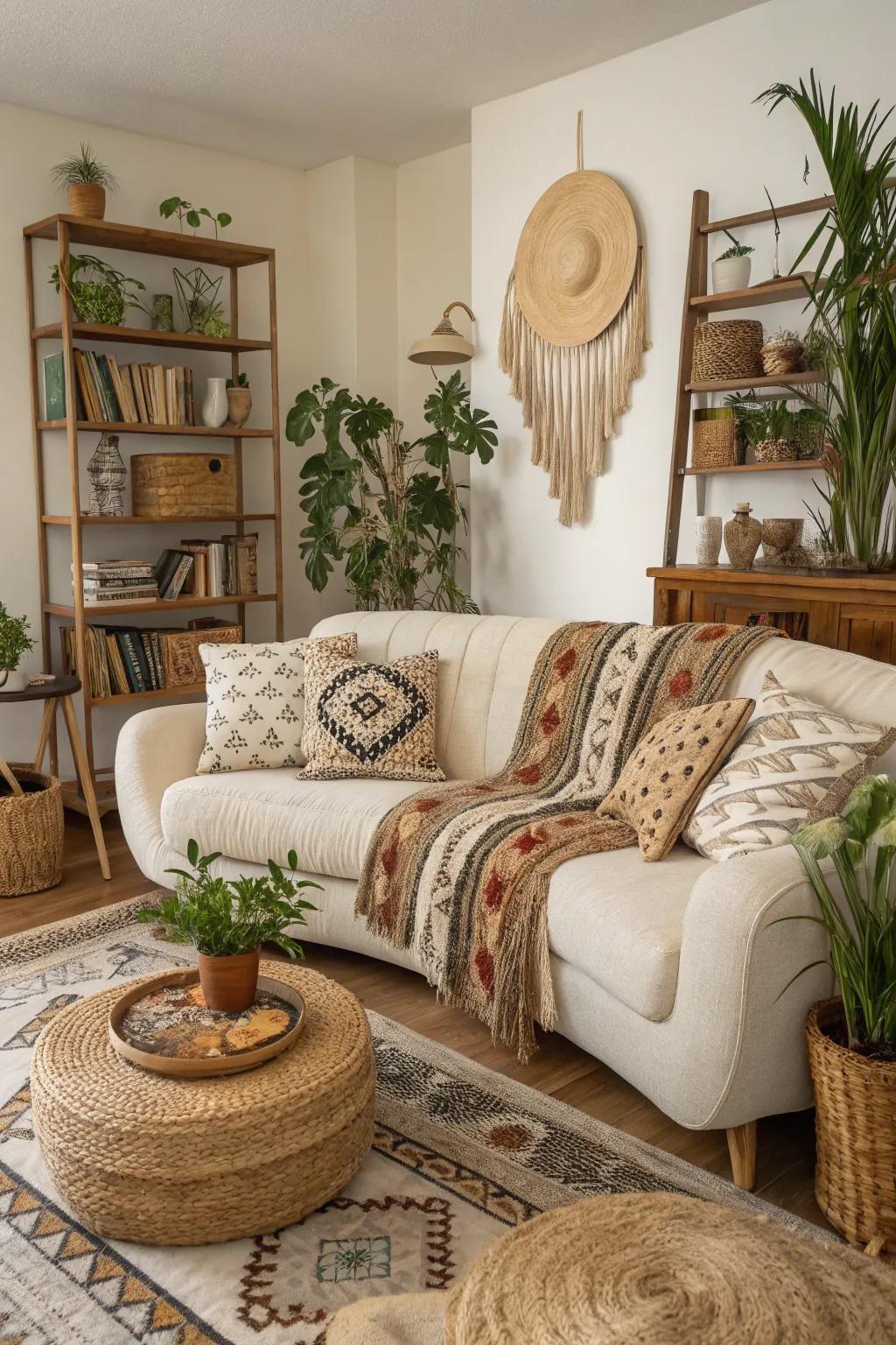 Organic shapes soften the bohemian living room.