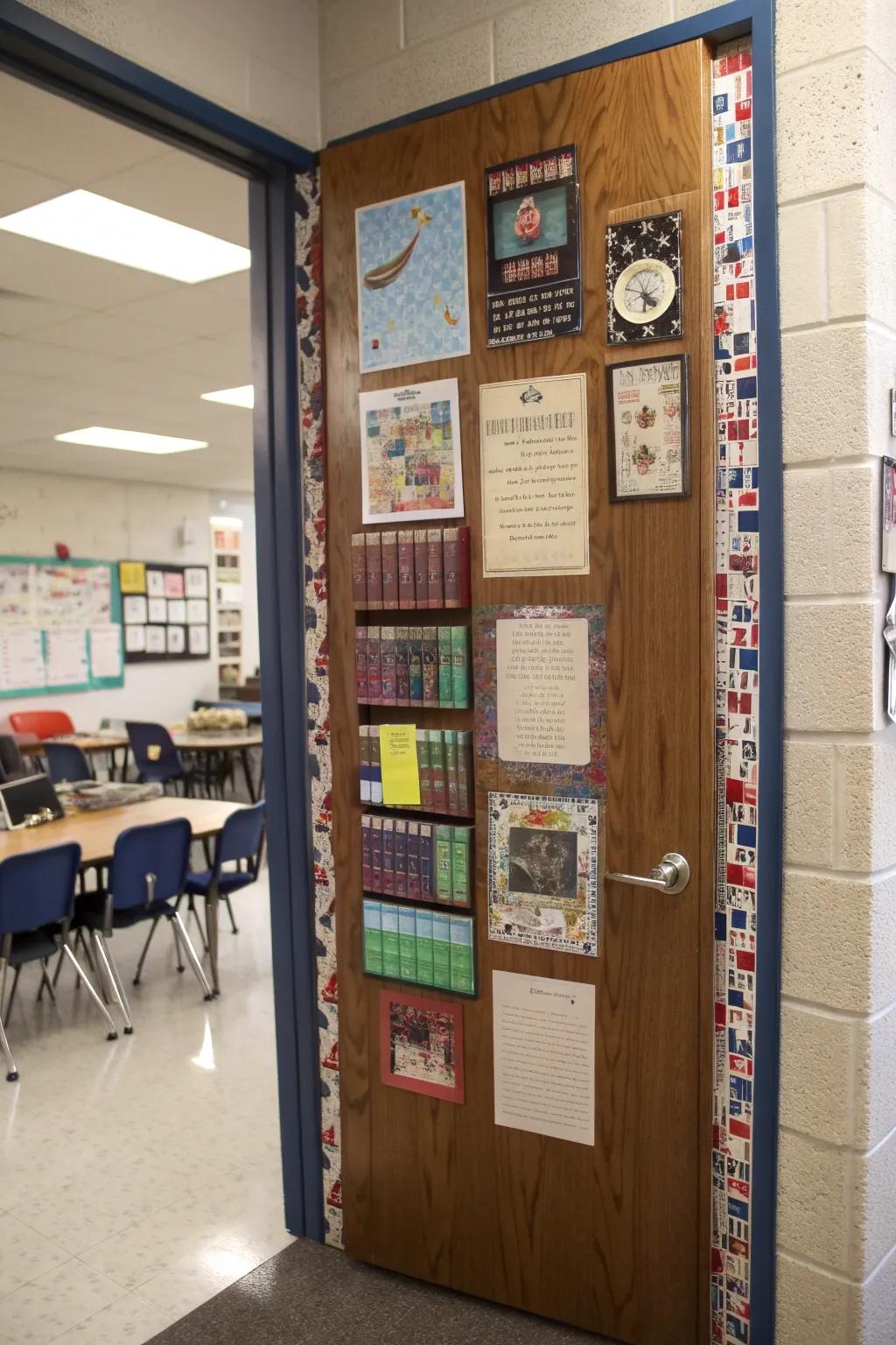 Classroom doors adorned with creative, book-inspired themes.