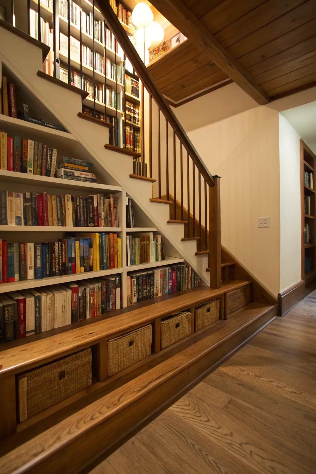 Integrated bookshelves under the staircase.