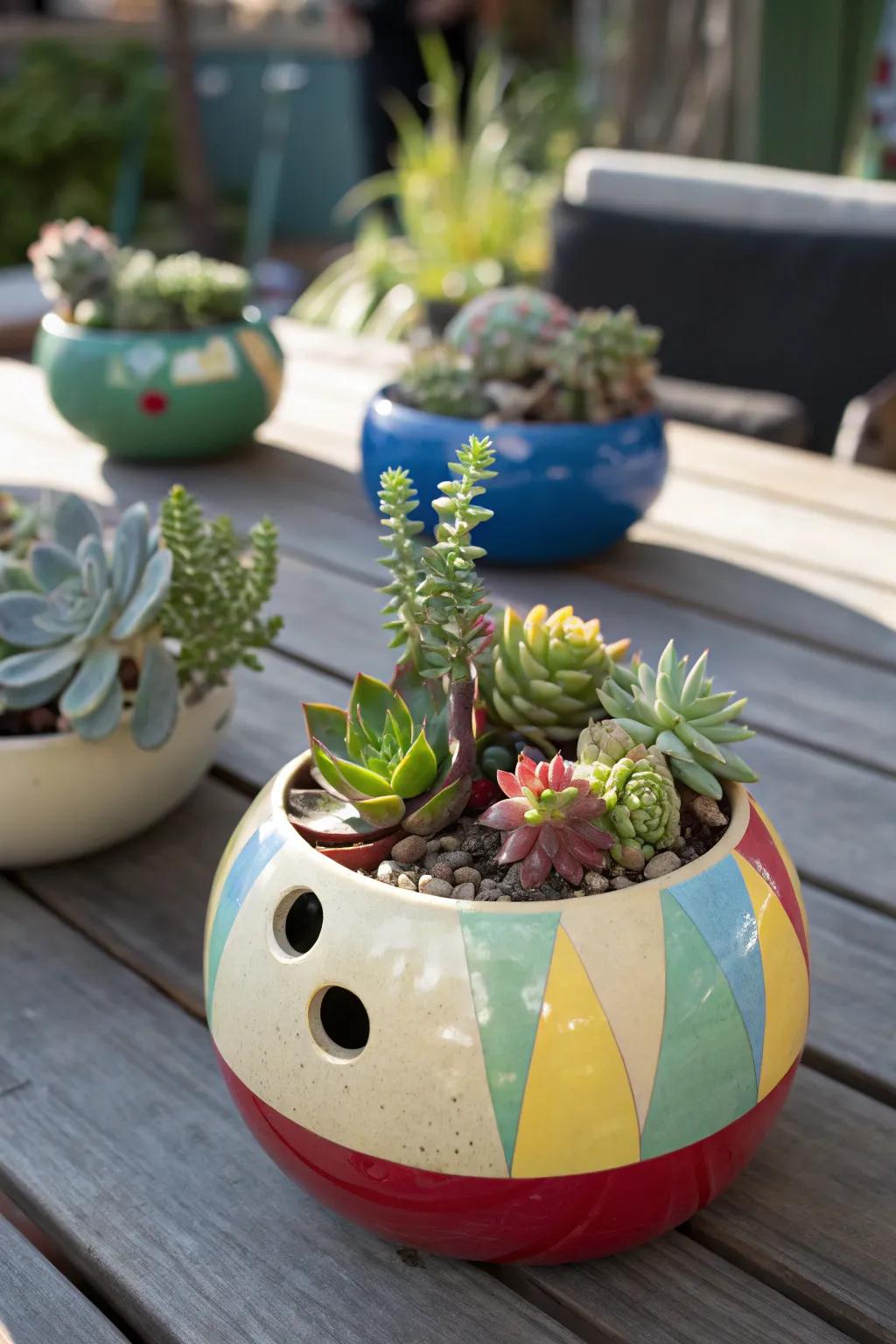 A quirky bowling ball planter centerpiece with succulents.