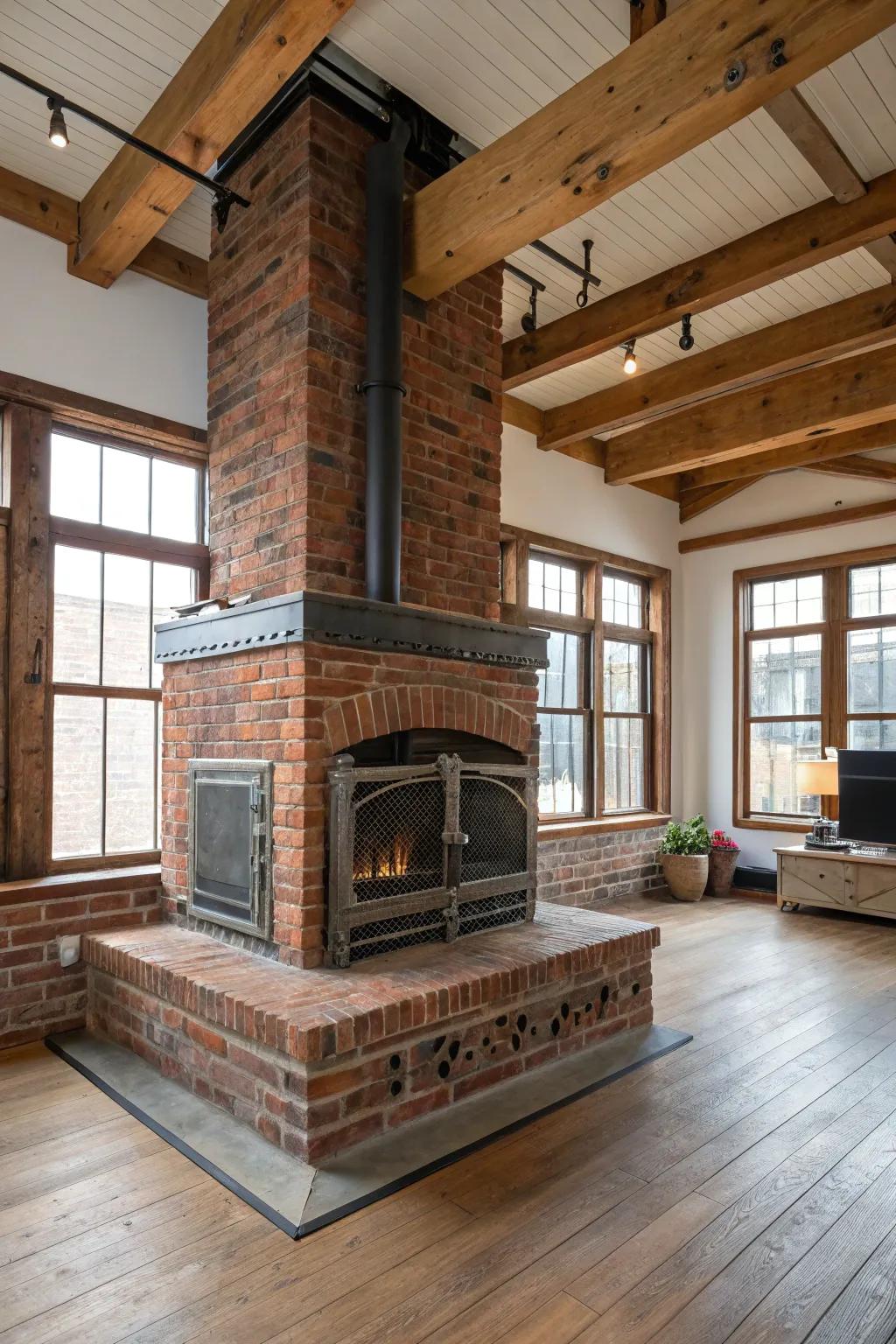 A brick hearth with metal accents, adding an industrial touch to the space.