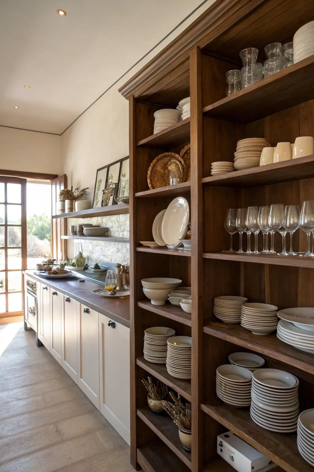 Open shelving in brown tones adds style and functionality.