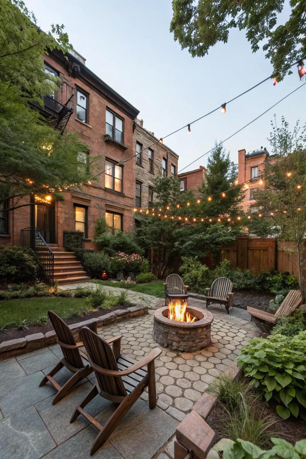 A fire pit creates a warm and inviting gathering spot in the backyard.