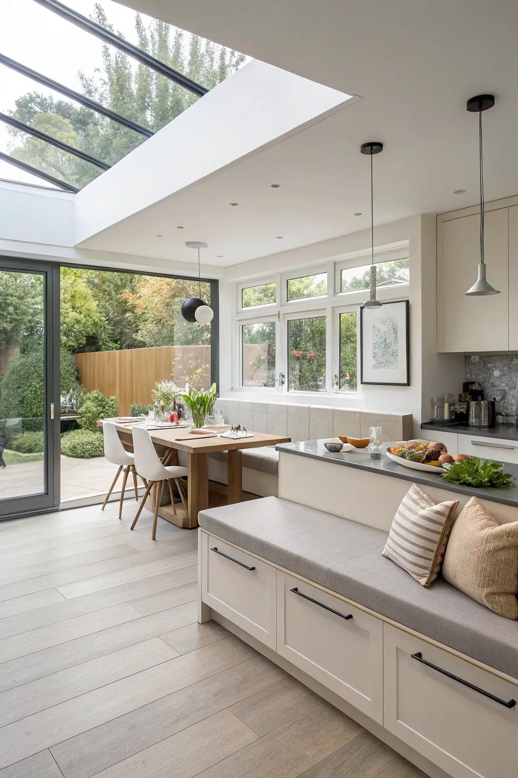 A floating banquette design that enhances the sense of space.