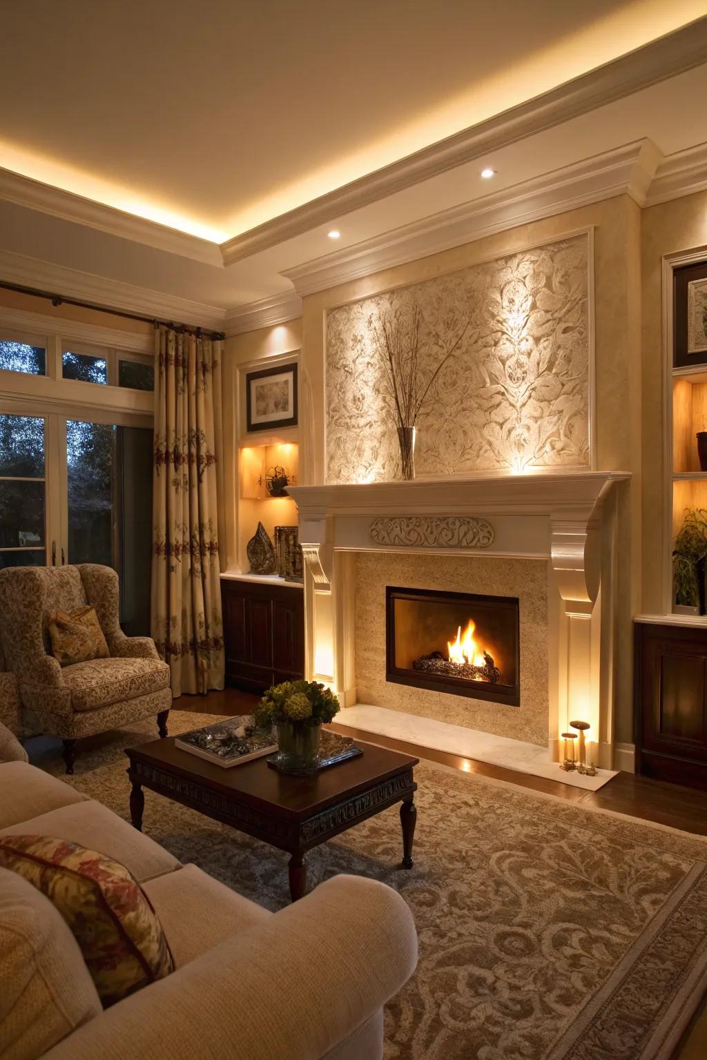 Lighting features enhance the beauty of fireplace built-ins.