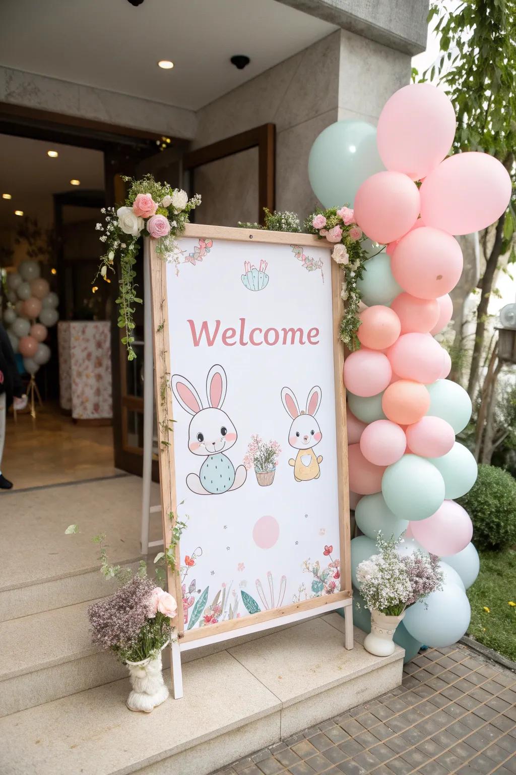 A welcoming bunny-themed sign greets guests at the entrance.