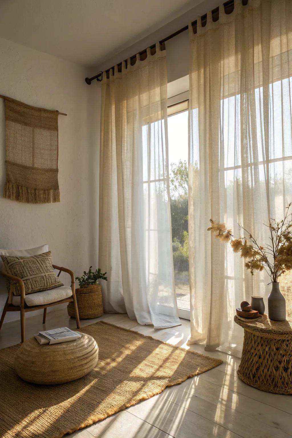 Light and airy with layered burlap and sheer curtains.