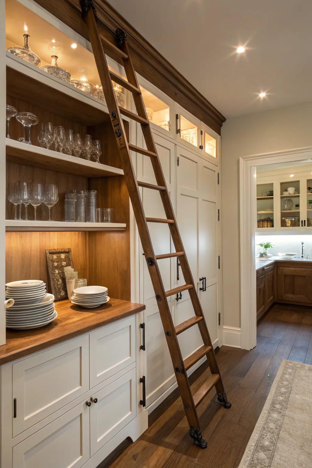 A charming butler's pantry with a rolling ladder for accessing high shelves.