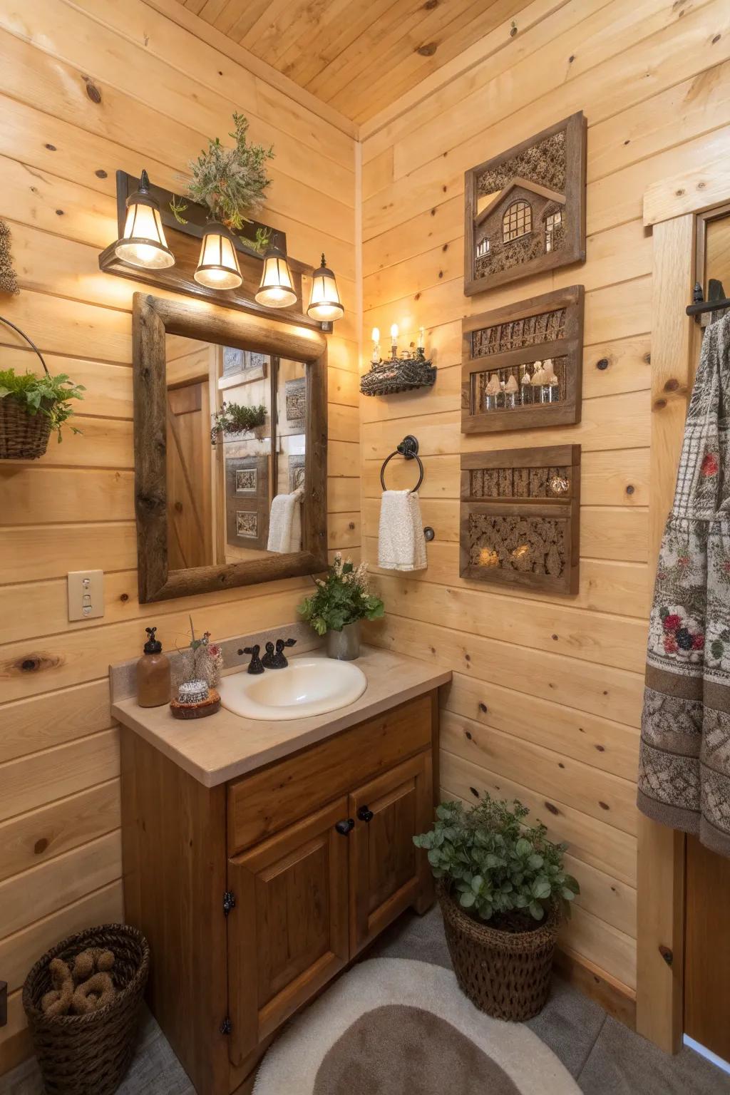 A cabin bathroom with personalized decor and charming carved signs.