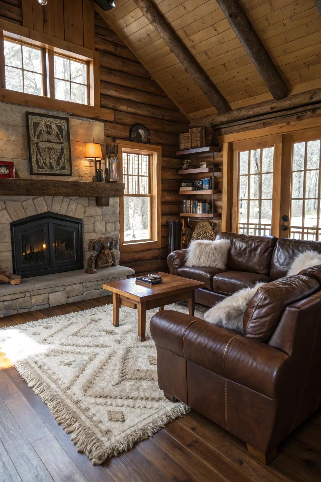 Eclectic textures in a charming cabin living room