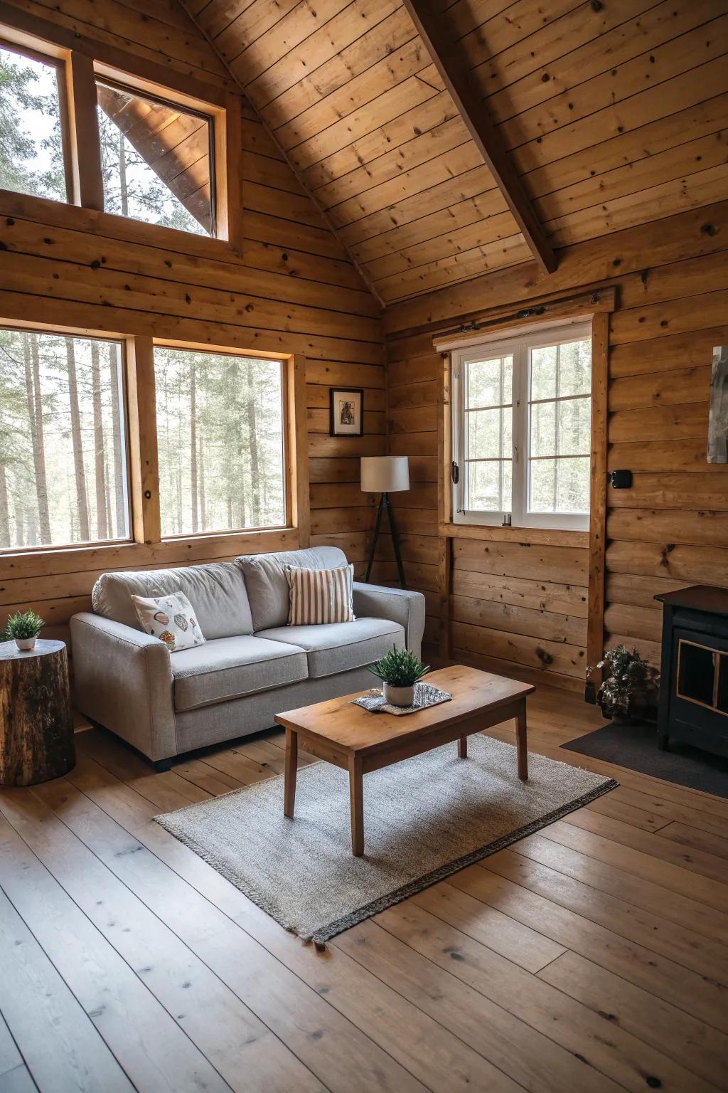 Minimalist furniture enhances the cabin's spacious feel.