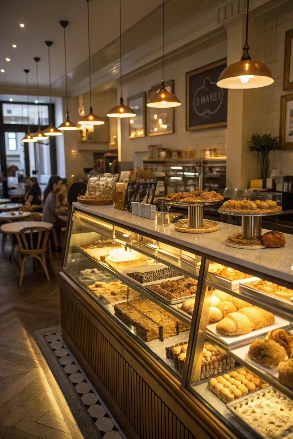 Delicious baked goods highlighted by under-cabinet lighting at a cafe counter.
