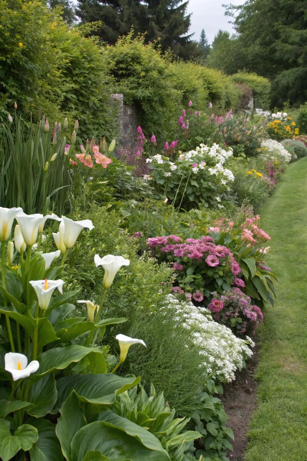 Calla lilies enhancing a mixed flower border.