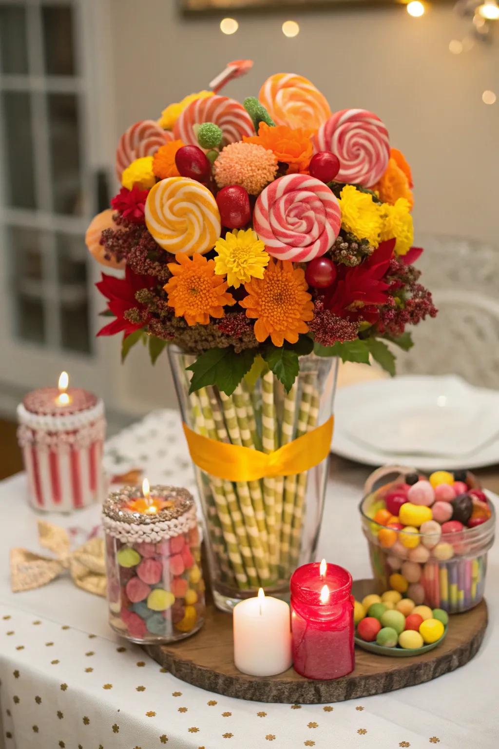 A seasonal candy bouquet for festive gatherings.