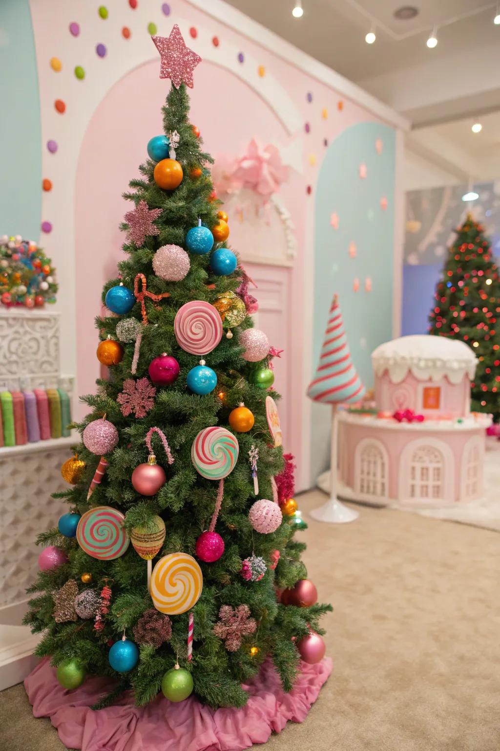 Candy sprays add a whimsical touch to a festive tree.