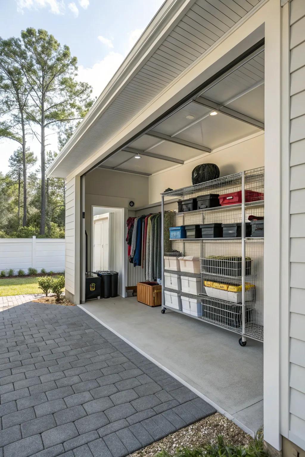 An organized carport with integrated storage solutions for maximum functionality.