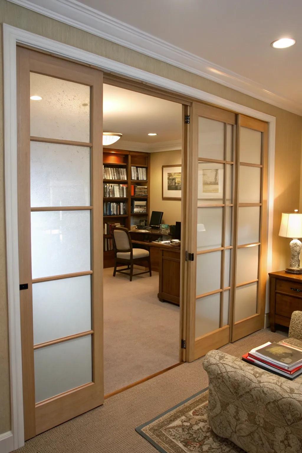 Maintain privacy with frosted glass inserts.