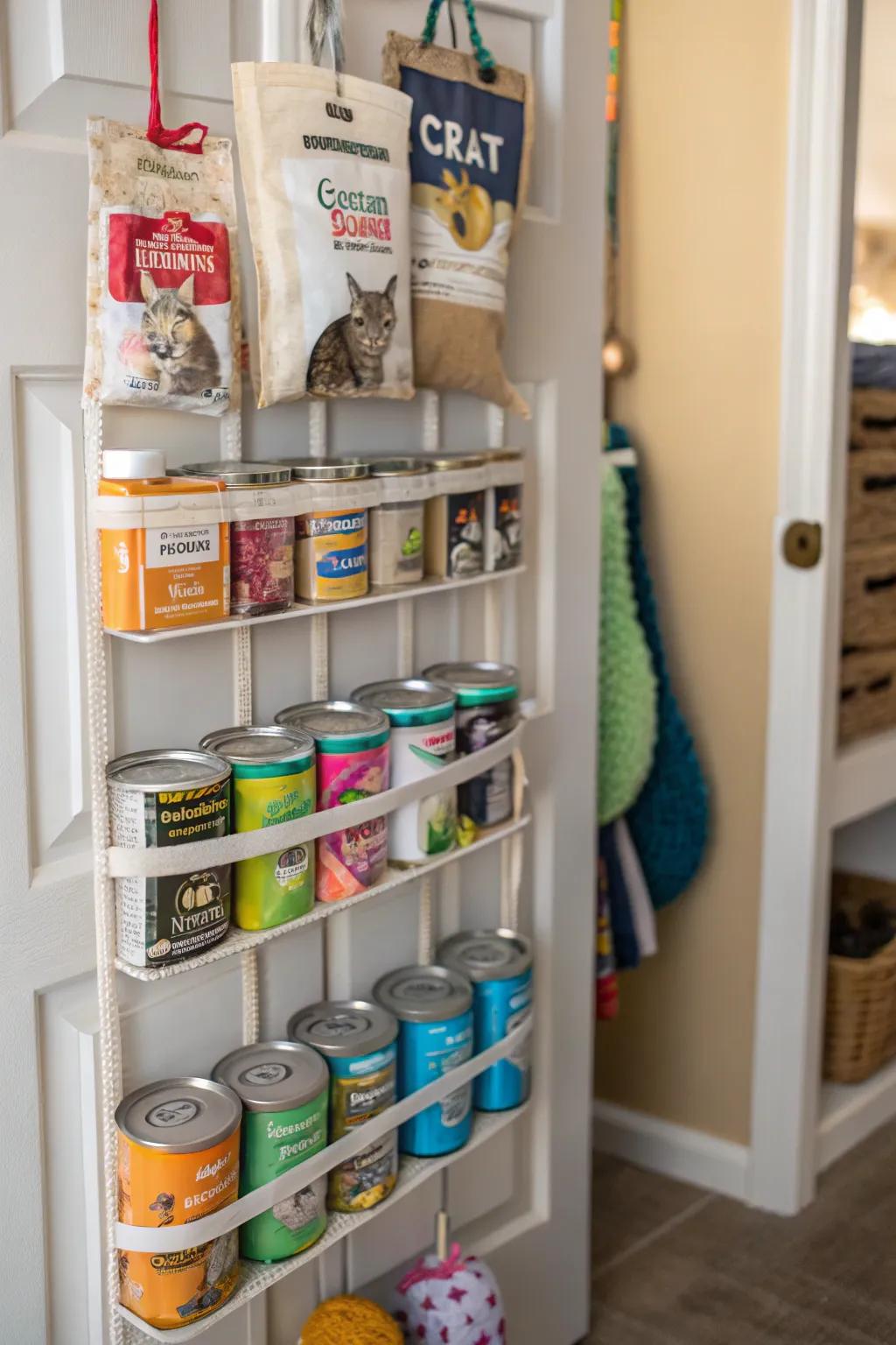 Over-the-door rack providing extra storage for cat supplies.