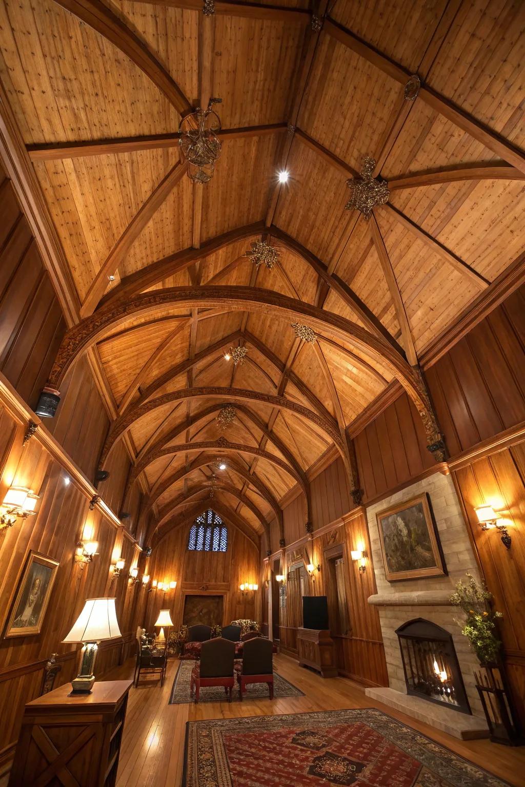 Textured ceilings add depth and character to the space.