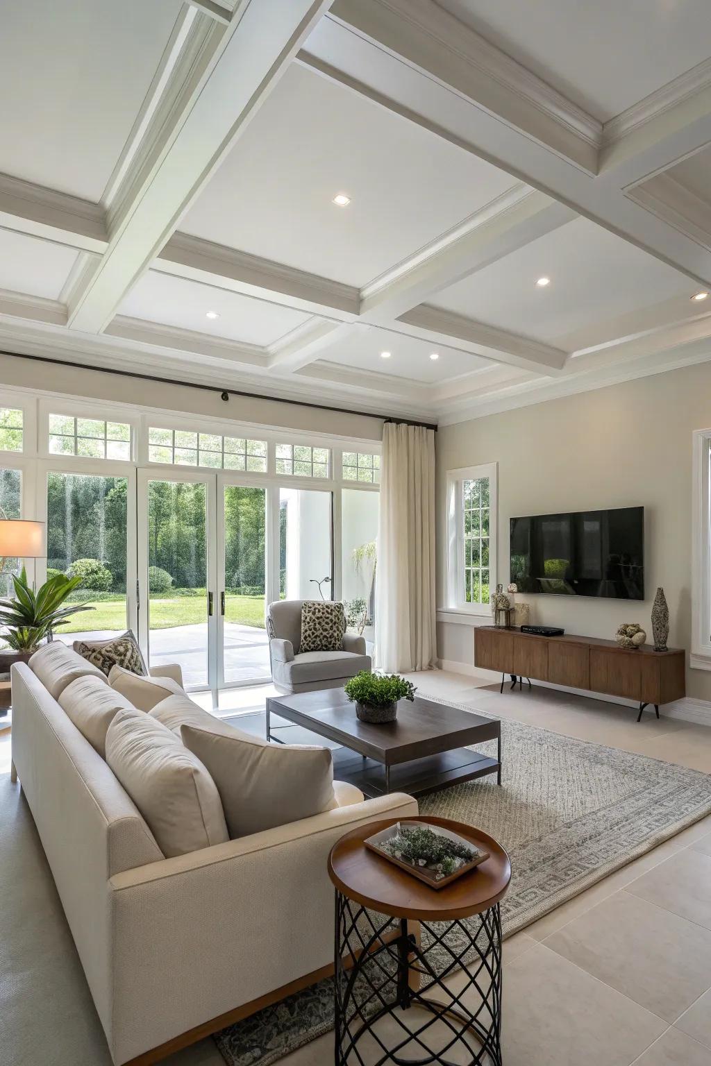 Smooth finishes and neutral tones create a timeless minimalist ceiling.