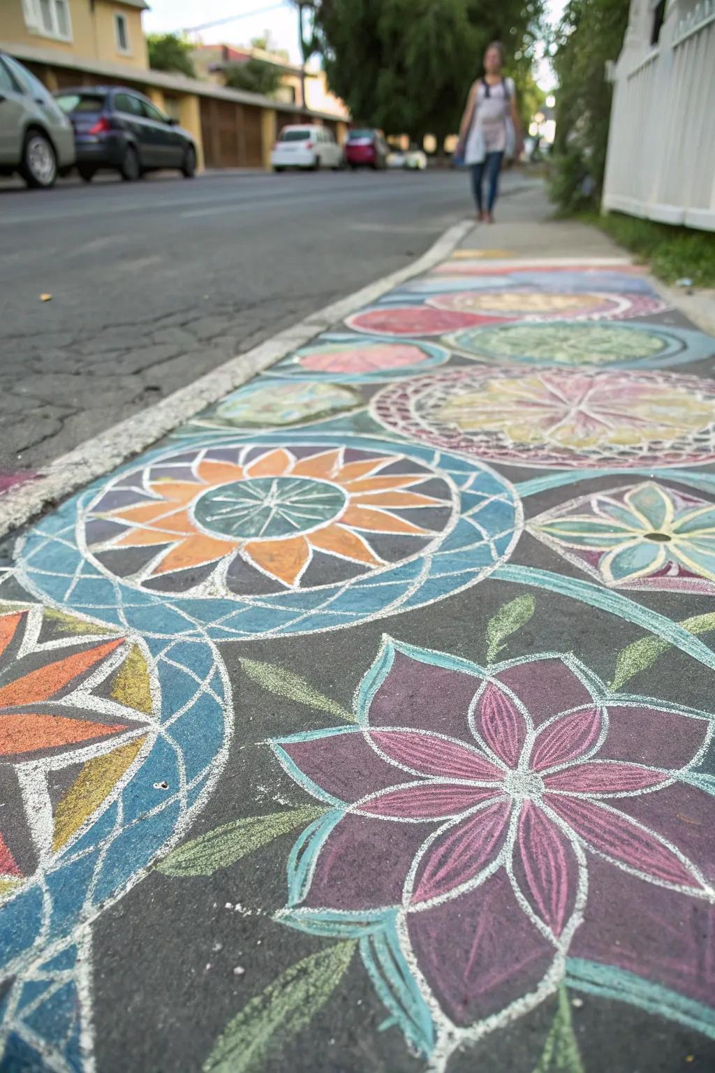 A captivating chalk mosaic showcasing intricate patterns and bold colors.