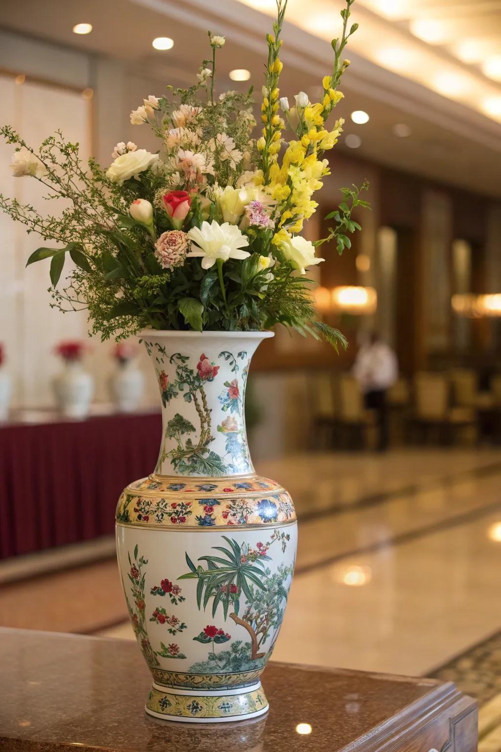A stunning centerpiece featuring a traditional porcelain vase.