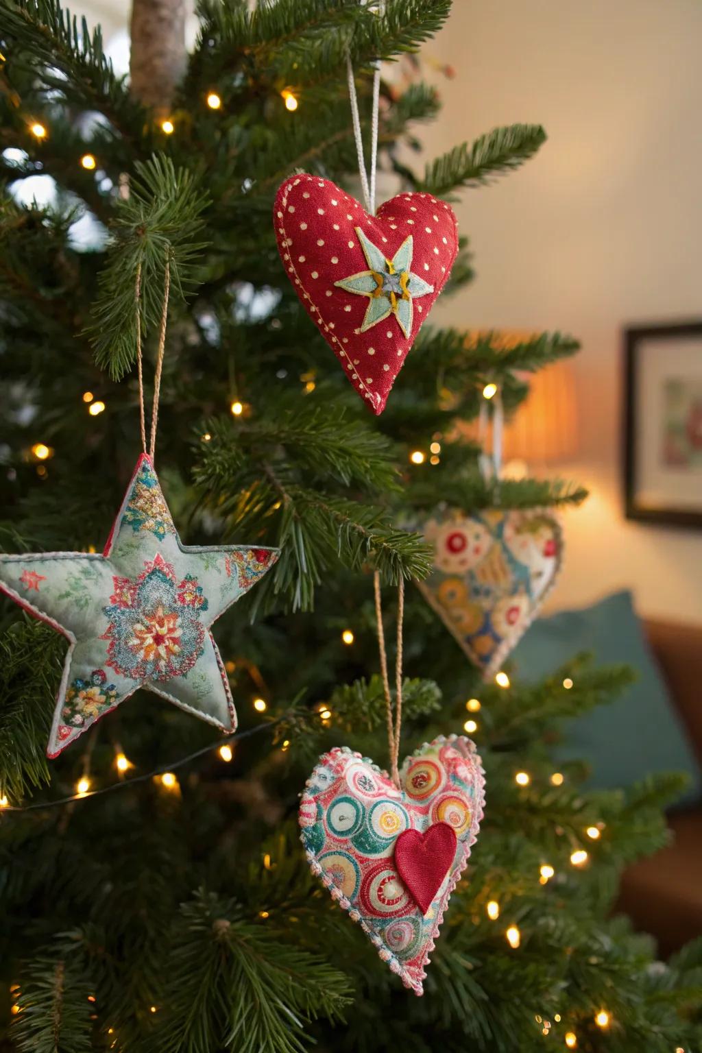 Fabric star and heart ornaments made from scraps.