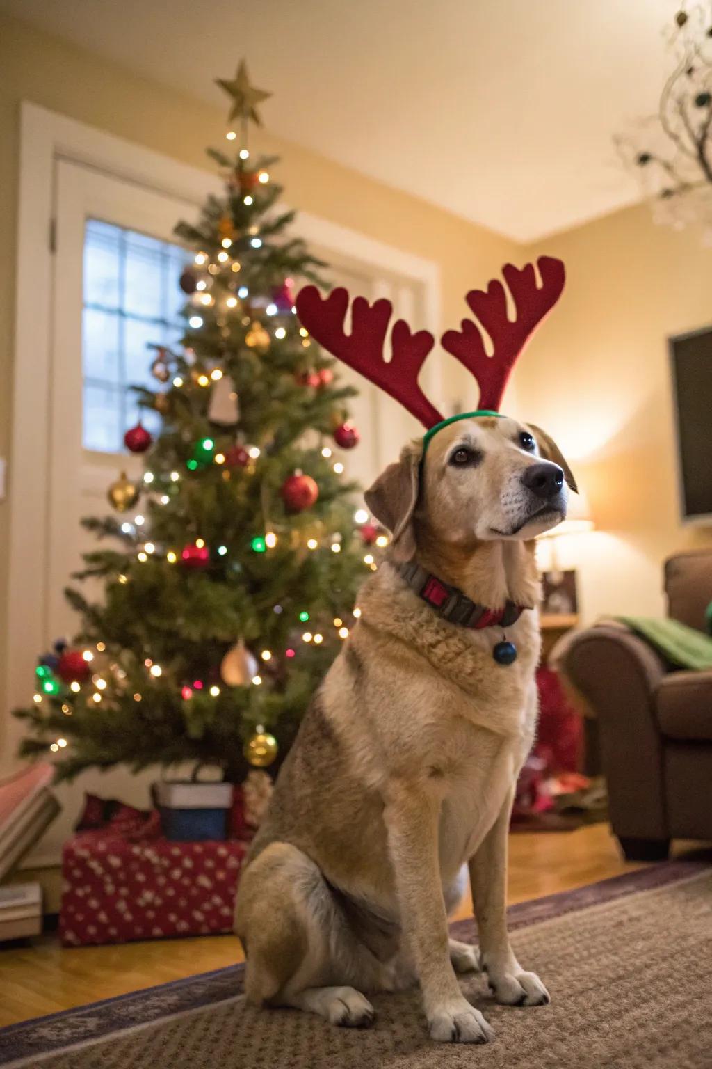 A pet joining in the holiday fun with reindeer antlers.