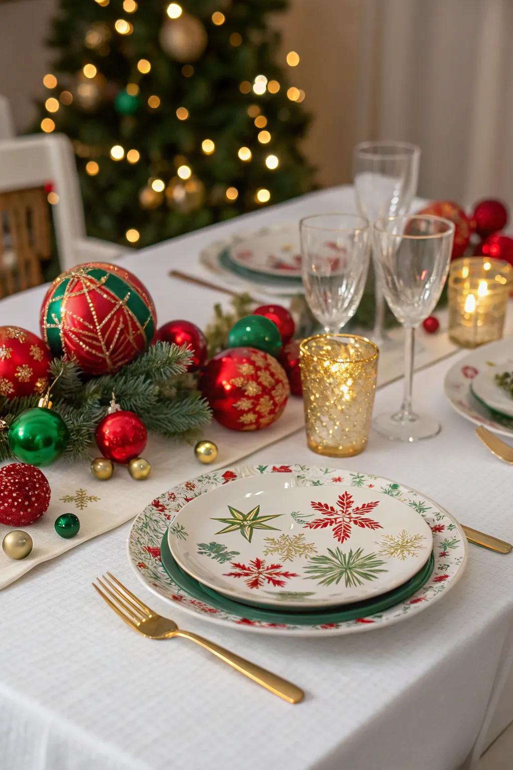 Ornaments add color and whimsy to the festive table.