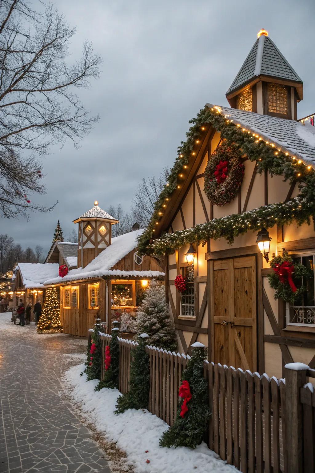 Festive decorations add holiday spirit to the village.