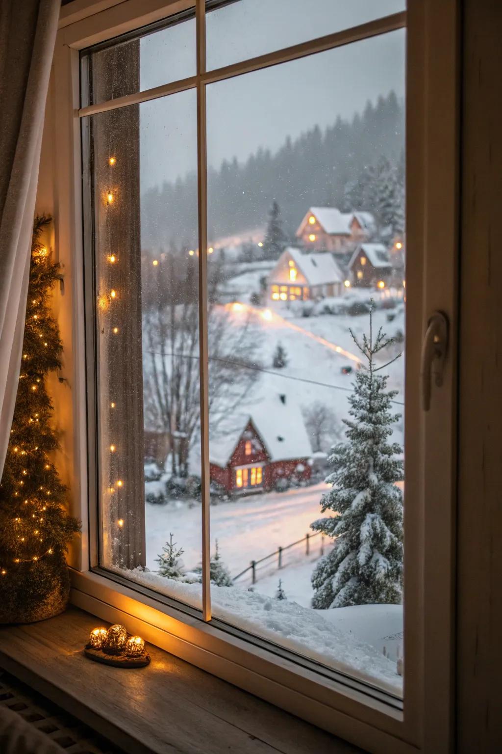 A snowy village scene captures the charm of the season.