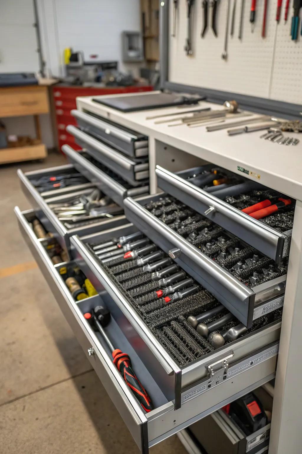 Slide-out drawers offer a hidden and organized storage option.