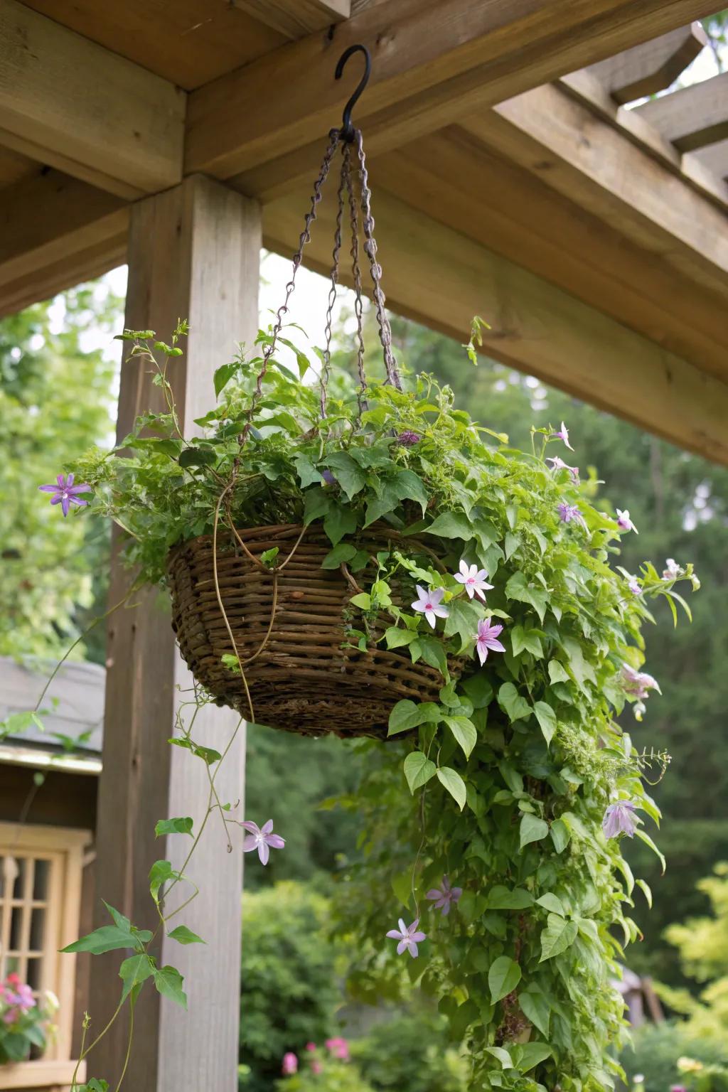 A hanging basket trellis offers a unique way to display cascading clematis.