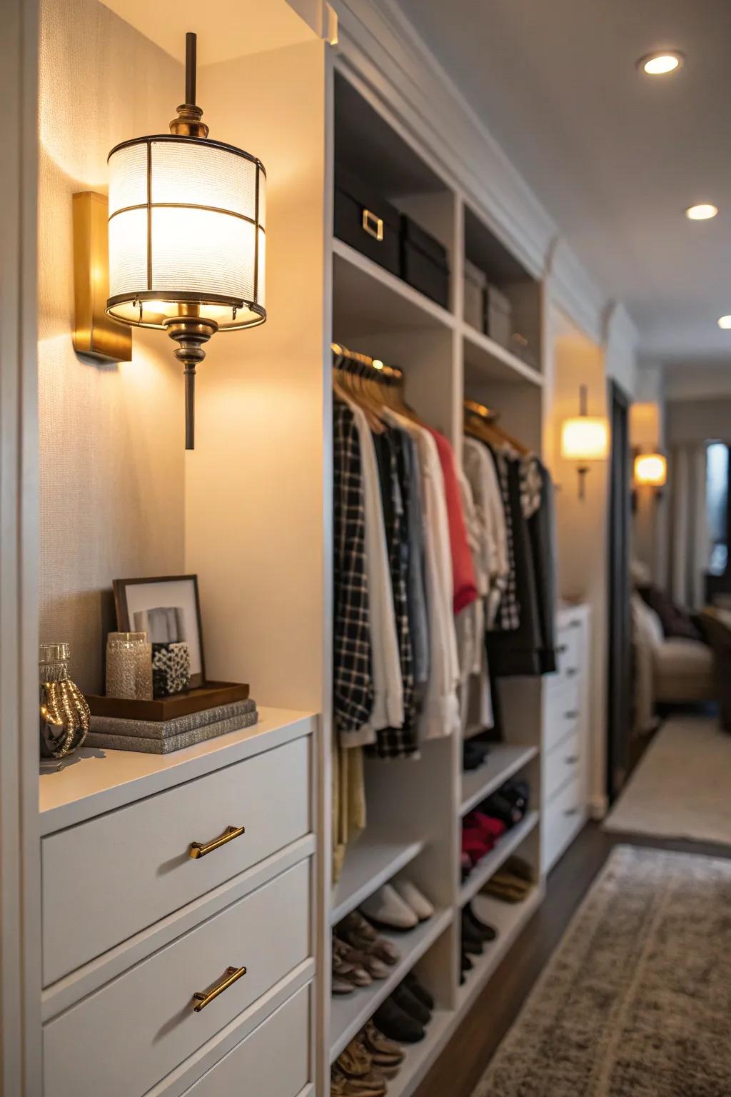 Wall sconces add ambient lighting and charm to your closet space.