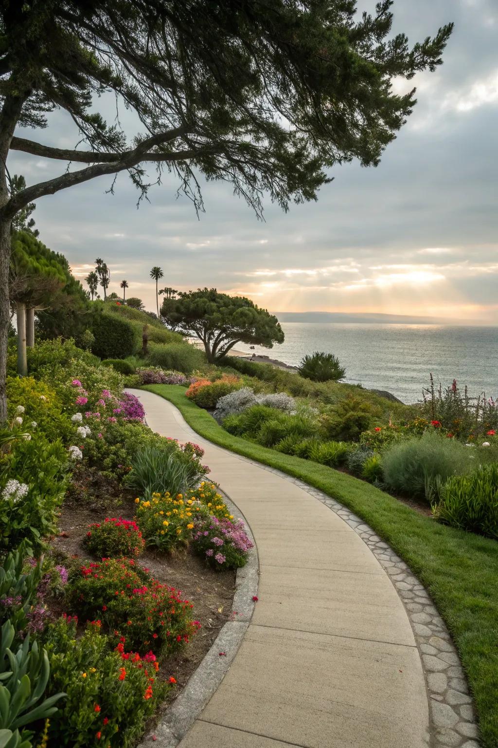 Gently curved pathways invite exploration in a coastal garden.