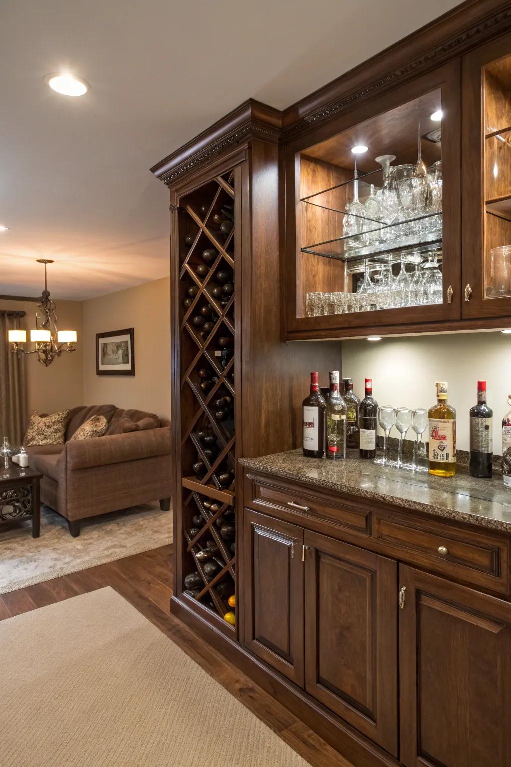 A wine rack adds sophistication and functionality.