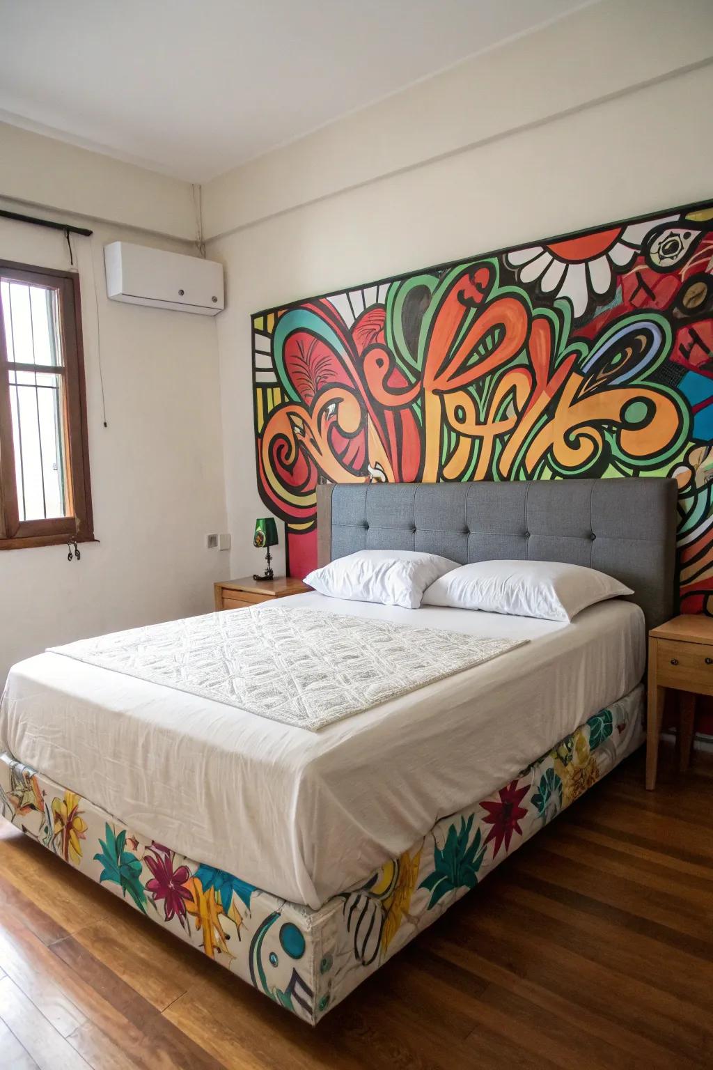 A bedroom personalized with a colorful graffiti headboard.