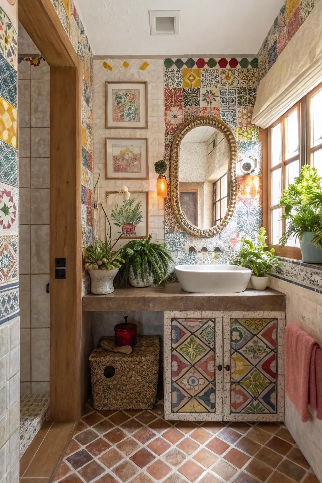 Textured tiles add depth to this colorful powder room.