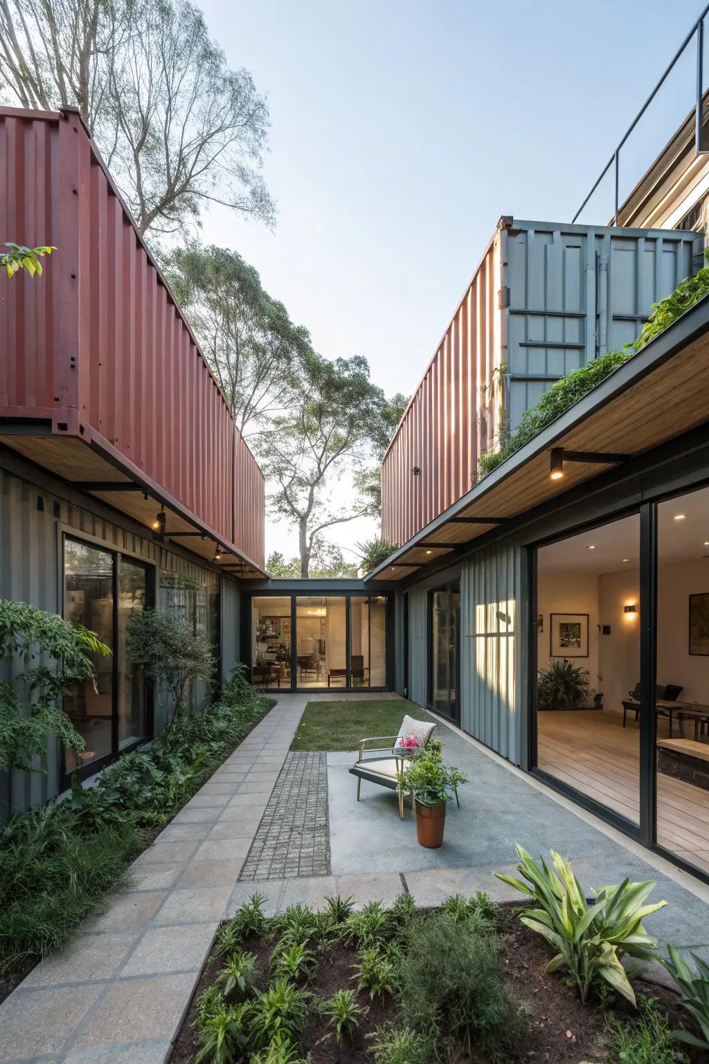 A central courtyard designed with a U-shaped container layout.