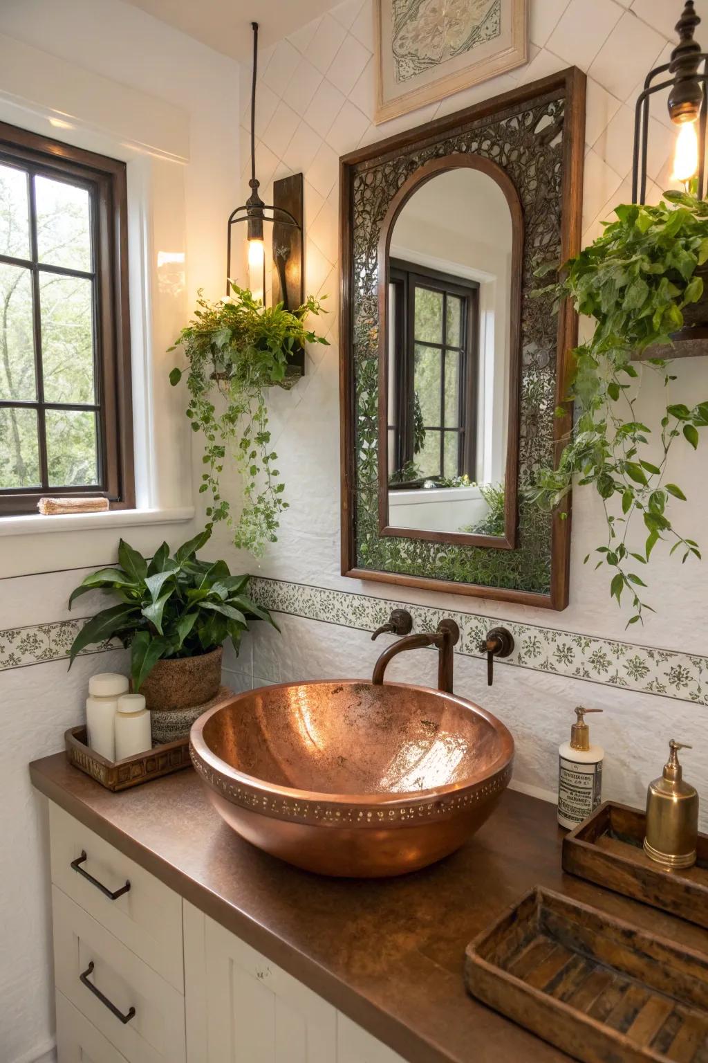 Decorative accents bring a playful touch to this bathroom, complementing the copper sink.