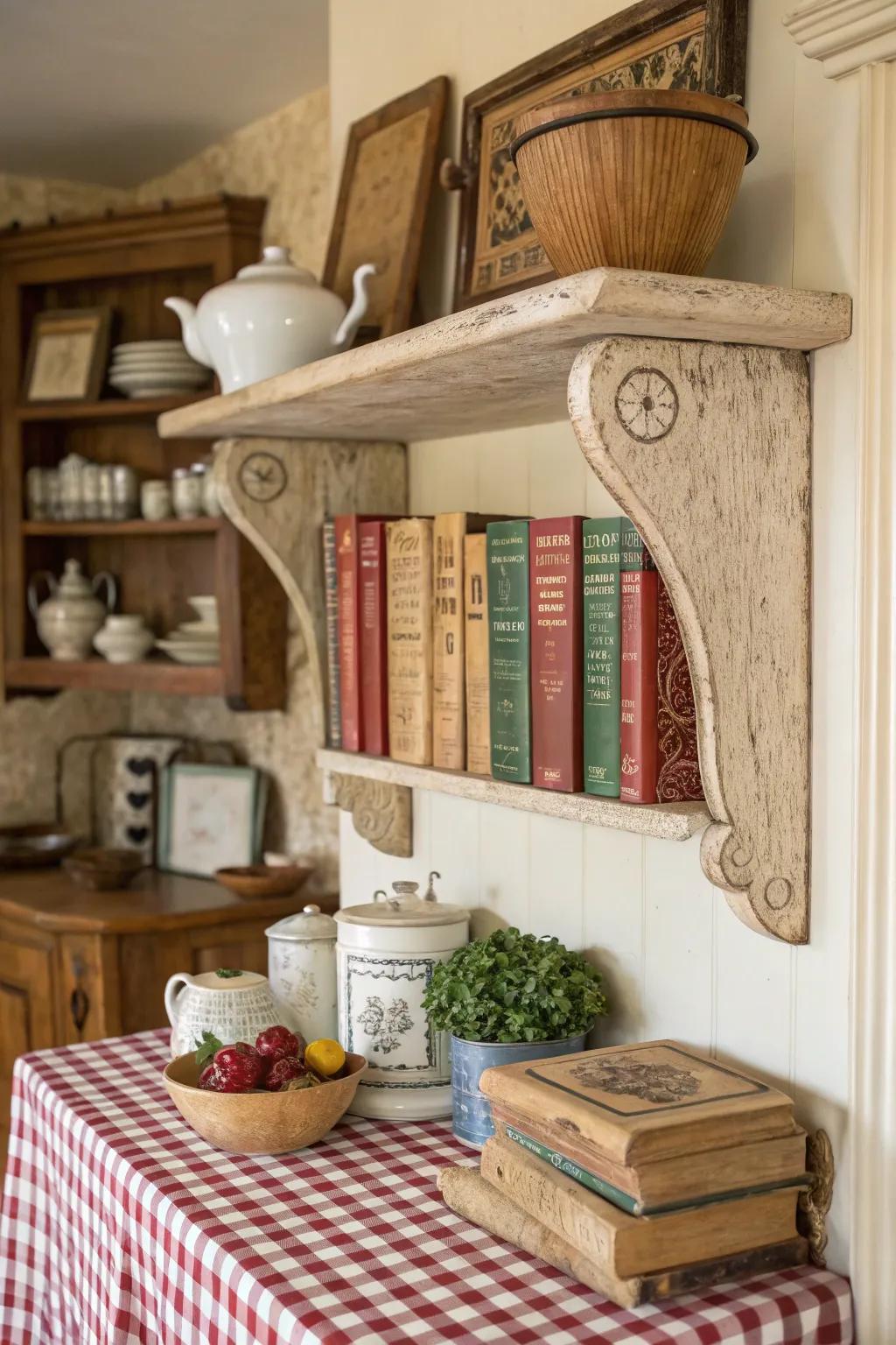 Antique corbels add nostalgia to a kitchen nook.