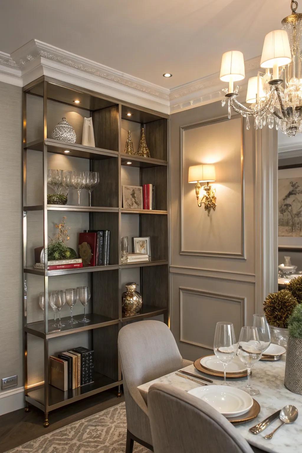 Metallic shelves add a glamorous touch to your dining area.