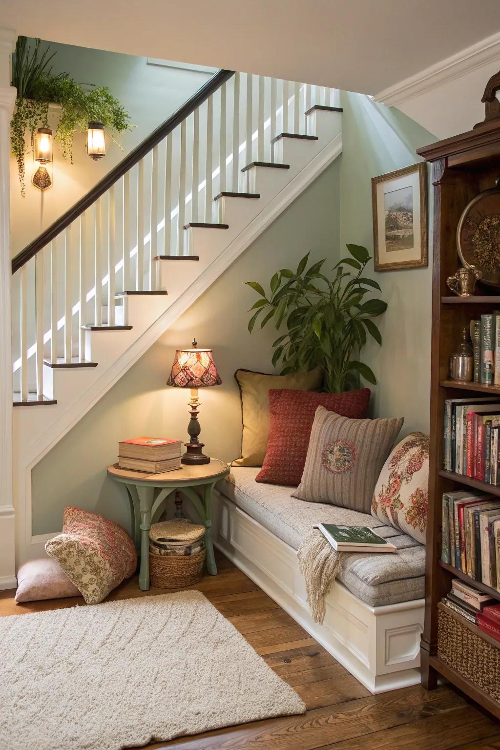 A cozy nook under the stairs offers a private retreat.