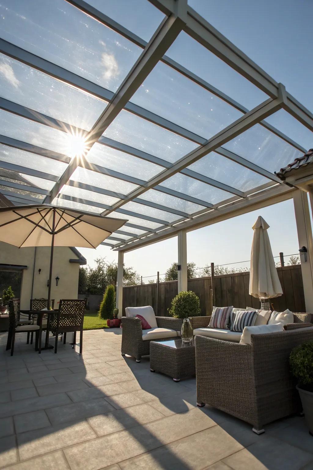 A clear pergola roof lets in light and blocks UV rays for a bright patio.