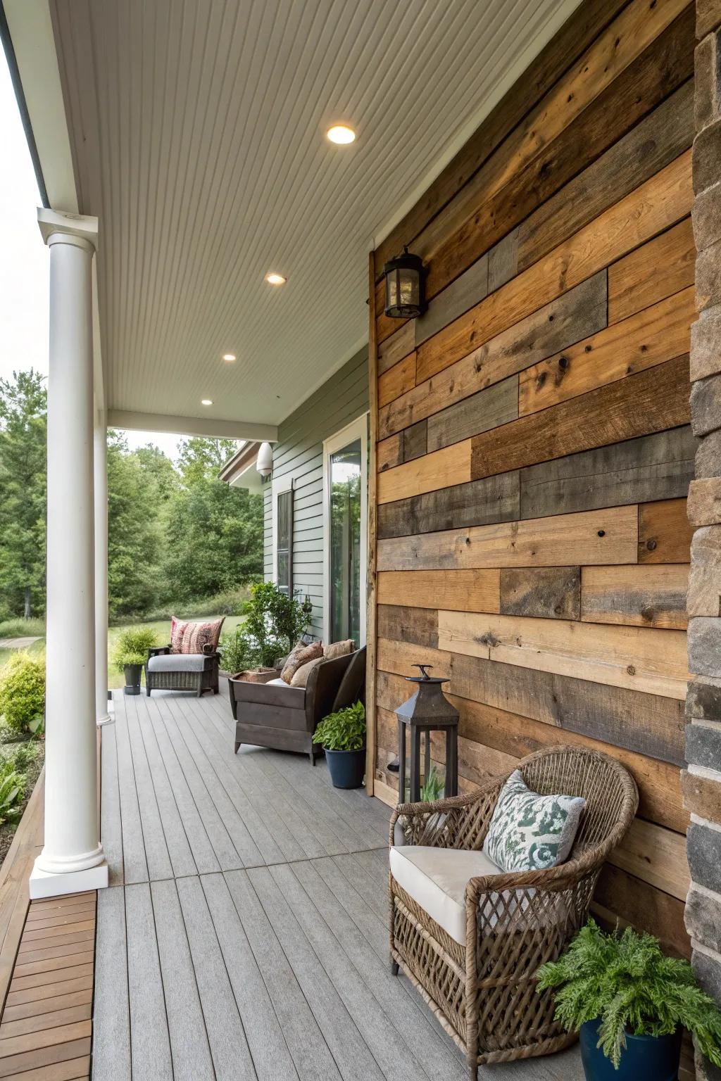 An accent wall adds character and depth to the porch.