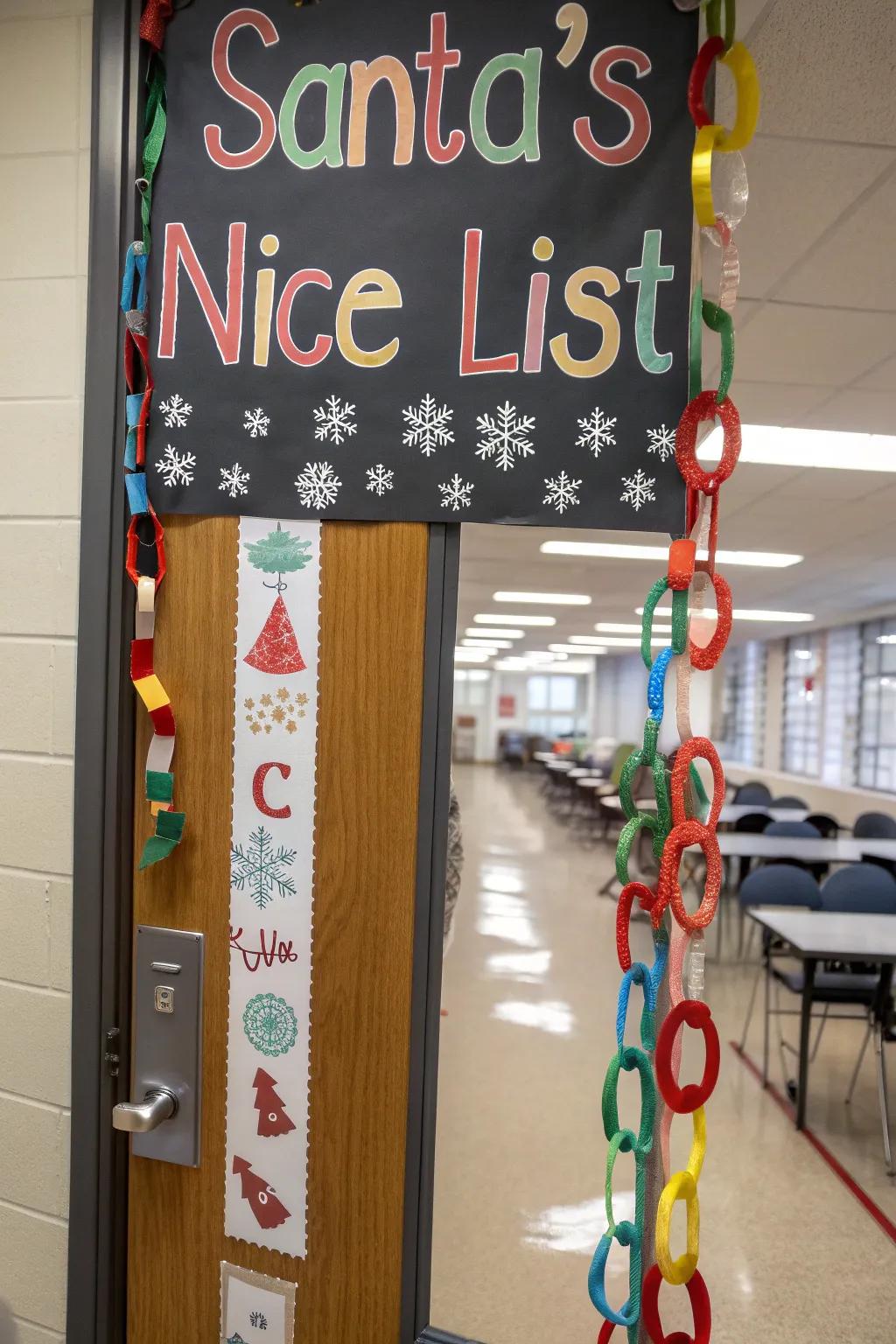 A classroom door displaying Santa's Nice List, celebrating student achievements.